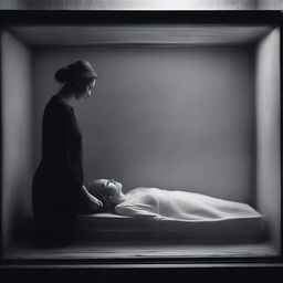 Create a somber image of a deceased woman, lying in repose within a clear glass coffin