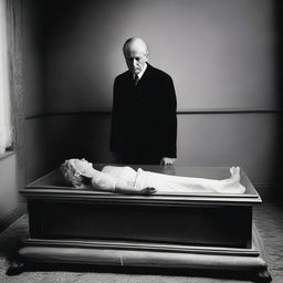 Create a somber image of a deceased woman, lying in repose within a clear glass coffin