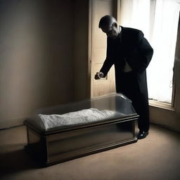 Create a somber image of a deceased woman, lying in repose within a clear glass coffin