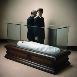 Create a somber image of a deceased woman, lying in repose within a clear glass coffin