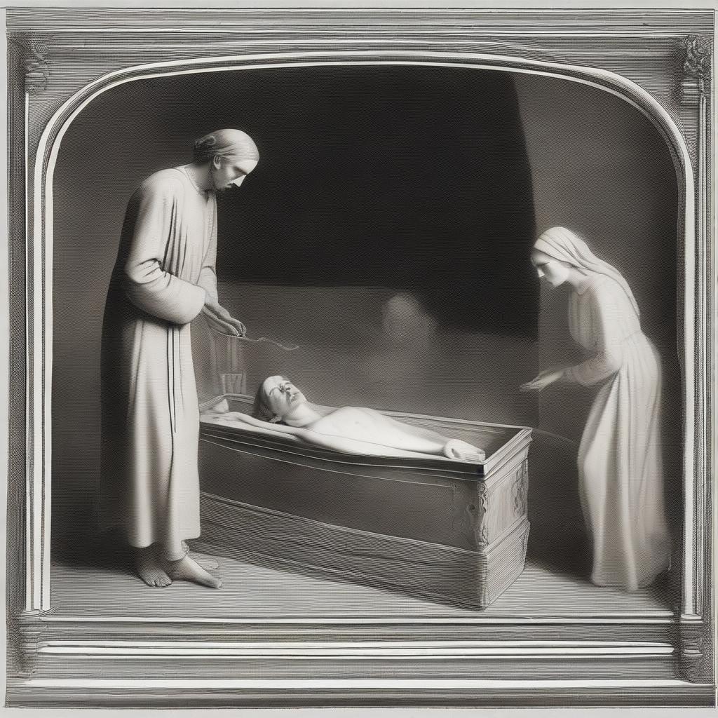 Generate an image depicting a solemn scene of a deceased woman in a clear glass coffin