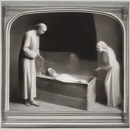Generate an image depicting a solemn scene of a deceased woman in a clear glass coffin