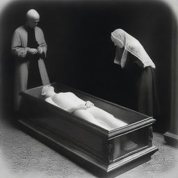 Generate an image depicting a solemn scene of a deceased woman in a clear glass coffin