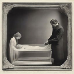 Generate an image depicting a solemn scene of a deceased woman in a clear glass coffin