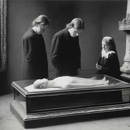 Generate an image depicting a solemn scene of a deceased woman in a clear glass coffin