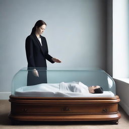 Generate an image of a deceased woman lying peacefully in a glass coffin