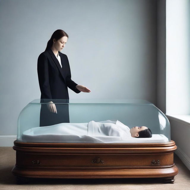 Generate an image of a deceased woman lying peacefully in a glass coffin