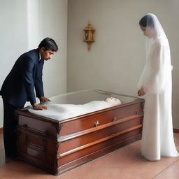 Generate an image of a deceased woman lying peacefully in a glass coffin