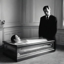 Generate an image of a deceased woman lying peacefully in a glass coffin