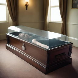Generate an image of a deceased woman lying peacefully in a glass coffin