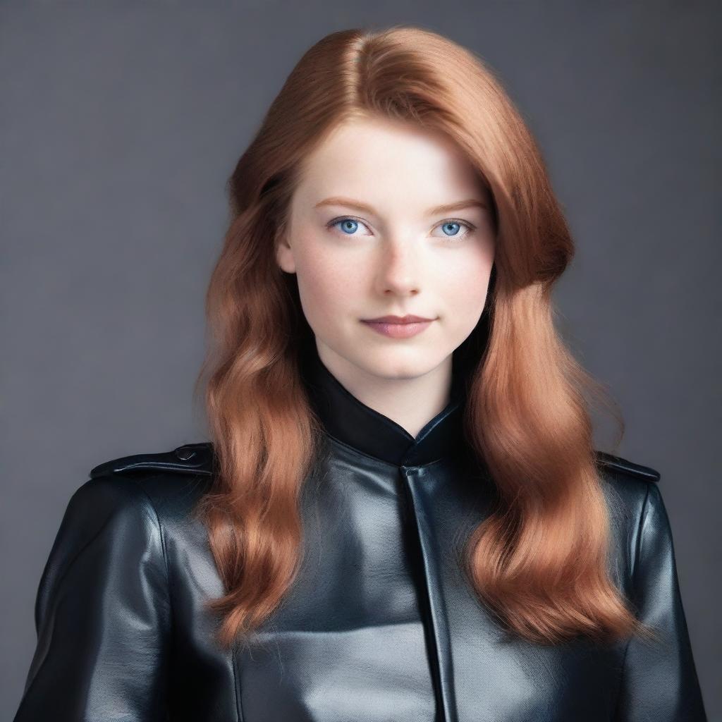 A 20-year-old young woman with light reddish-brown hair and blue eyes. She is wearing a black leather uniform.