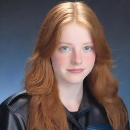 A 20-year-old young woman with light reddish-brown hair and blue eyes. She is wearing a black leather uniform.