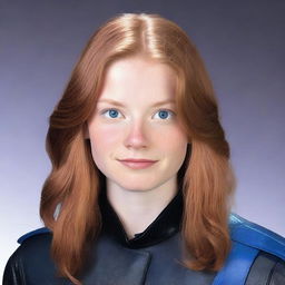 A 20-year-old young woman with light reddish-brown hair and blue eyes. She is wearing a black leather uniform.