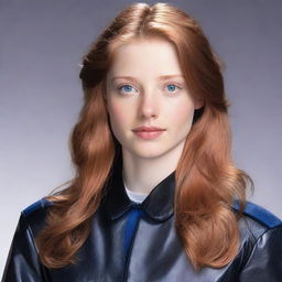 A 20-year-old young woman with light reddish-brown hair and blue eyes. She is wearing a black leather uniform.