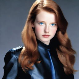 A 20-year-old young woman with light reddish-brown hair and blue eyes. She is wearing a black leather uniform.