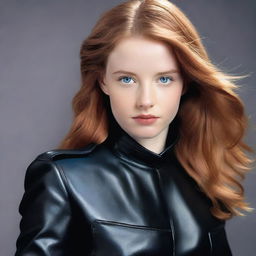 A 20-year-old young woman with light reddish-brown hair and blue eyes. She is wearing a black leather uniform.