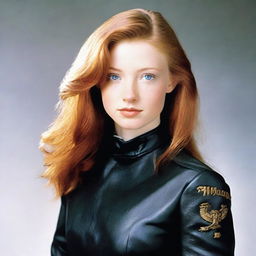 A 20-year-old young woman with light reddish-brown hair and blue eyes. She is wearing a black leather uniform.