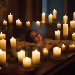 Generate an image of a deceased woman lying peacefully in a glass coffin