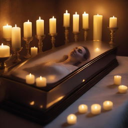 Generate an image of a deceased woman lying peacefully in a glass coffin