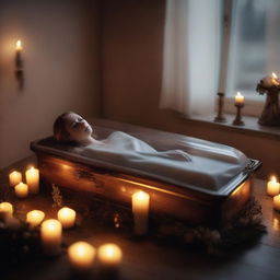 Generate an image of a deceased woman lying peacefully in a glass coffin