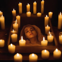 Generate an image of a deceased woman lying peacefully in a glass coffin