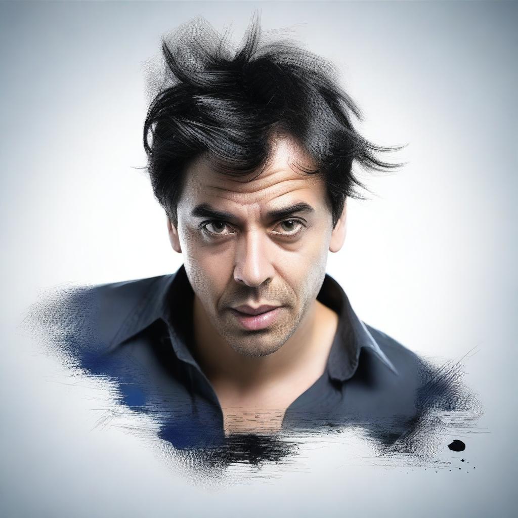 Create a realistic image of a man with black hair falling over his face