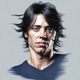 Create a realistic image of a man with black hair falling over his face