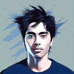 Create a digital art image of a man with black hair falling over his face