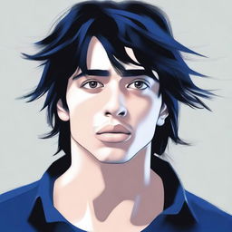 Create a digital art image of a man with black hair falling over his face