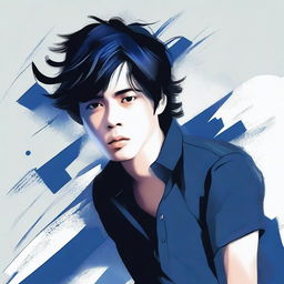 Create a digital art image of a man with black hair falling over his face