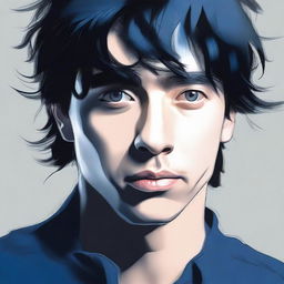 Create a digital art image of a man with black hair falling over his face