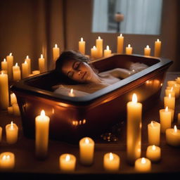 Create an image of a deceased woman lying peacefully in a glass coffin