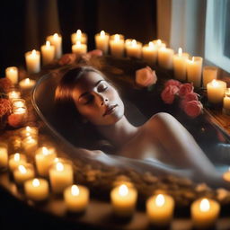 Create an image of a deceased woman lying peacefully in a glass coffin