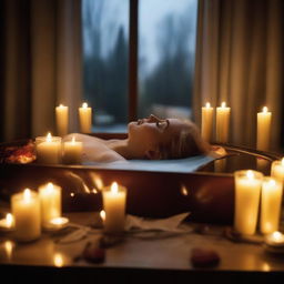 Create an image of a deceased woman lying peacefully in a glass coffin