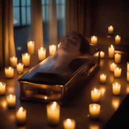 Create an image of a deceased woman lying peacefully in a glass coffin