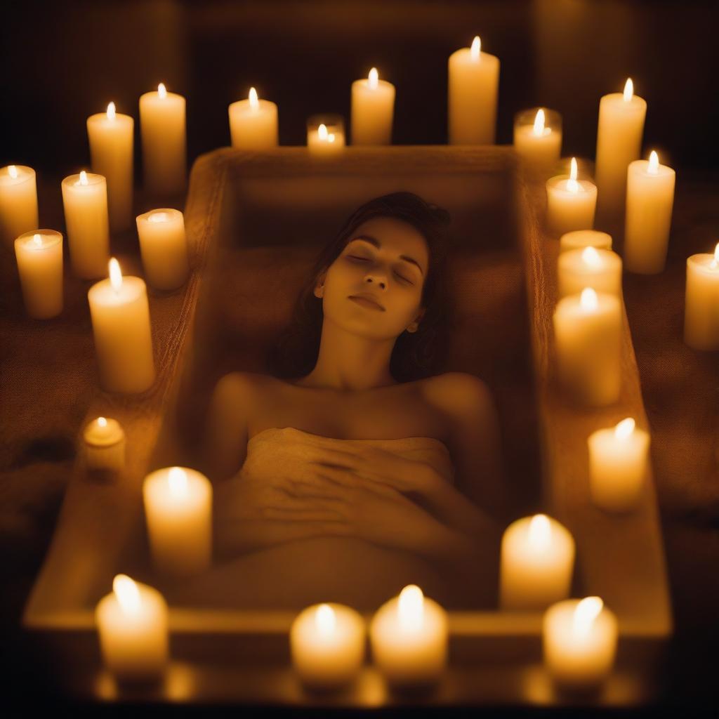 Generate an image of a deceased woman resting in a glass coffin
