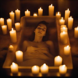 Generate an image of a deceased woman resting in a glass coffin