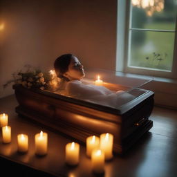 Generate an image of a deceased woman resting in a glass coffin