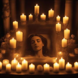 Generate an image of a deceased woman resting in a glass coffin