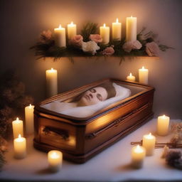 Create an image of a deceased woman enclosed in a glass coffin