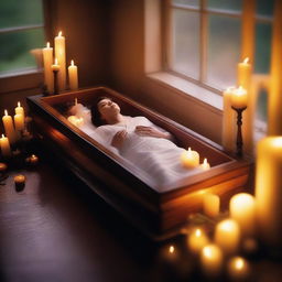 Create an image of a deceased woman enclosed in a glass coffin