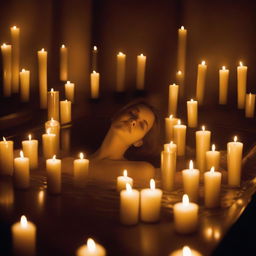 Generate an image of a deceased woman, peacefully enclosed in a glass coffin