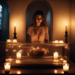 Generate an image of a deceased woman, peacefully enclosed in a glass coffin