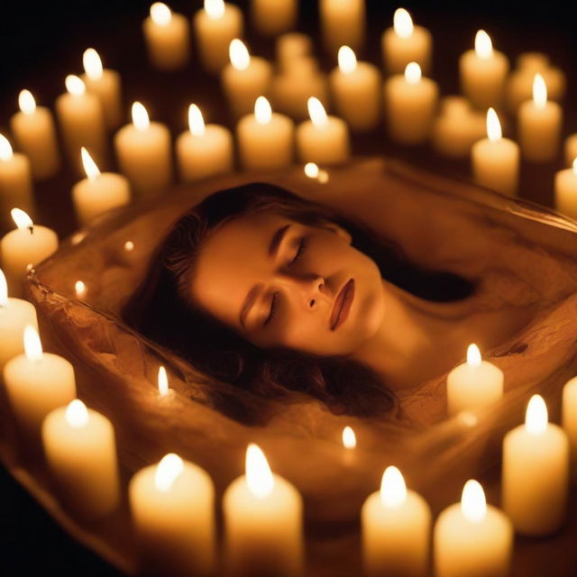 Generate an image of a deceased woman, peacefully enclosed in a glass coffin