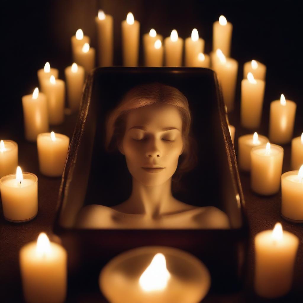 Create an image of a deceased woman encased in a glass coffin