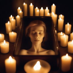 Create an image of a deceased woman encased in a glass coffin
