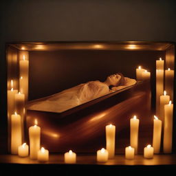 Create an image of a deceased woman encased in a glass coffin