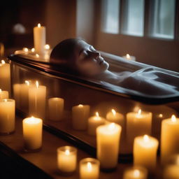 Create an image of a deceased woman encased in a glass coffin