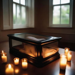 Create an image depicting a deceased woman encased in a glass coffin