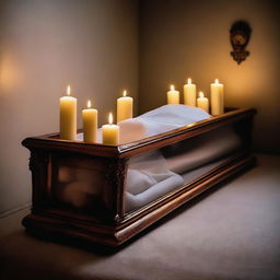 Create an image depicting a deceased woman encased in a glass coffin